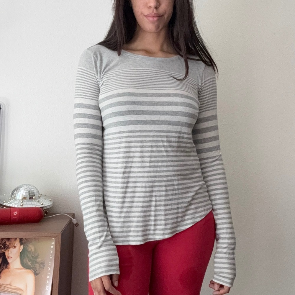Vince Gray Striped Pima Cotton Modal Long Sleeve Crew Neck Top Medium RN106730